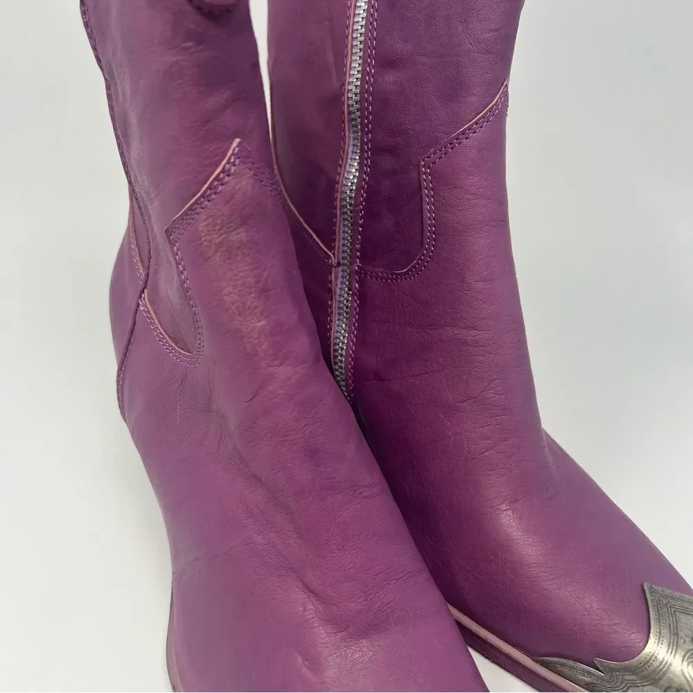 Free People Purple Suede Western Ankle Boots with Metal Toe Cap